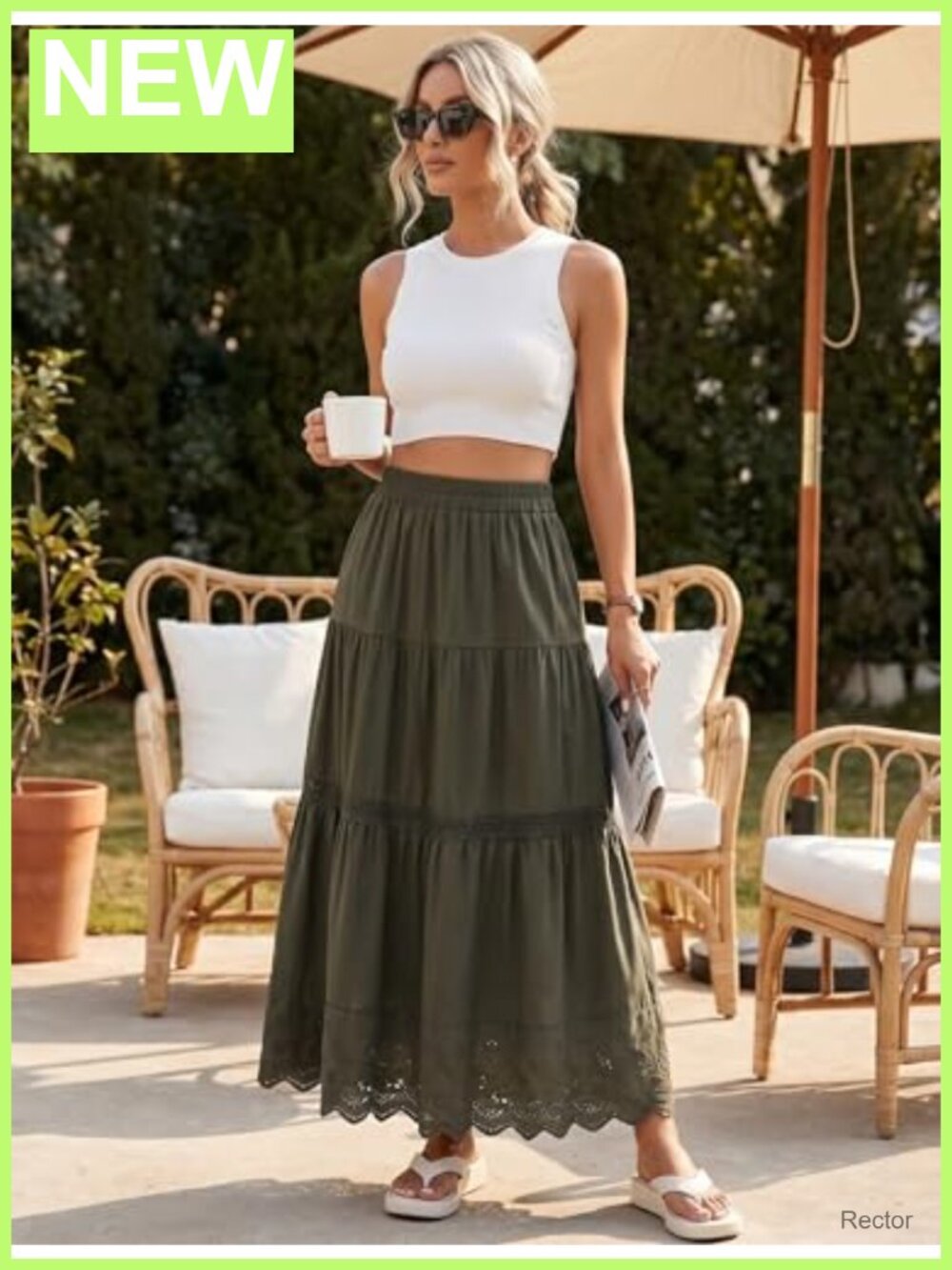 Boho Tiered Maxi Skirt Elastic High Waist A-Line Lace Eyelet Long Summer - Picture 4 of 6